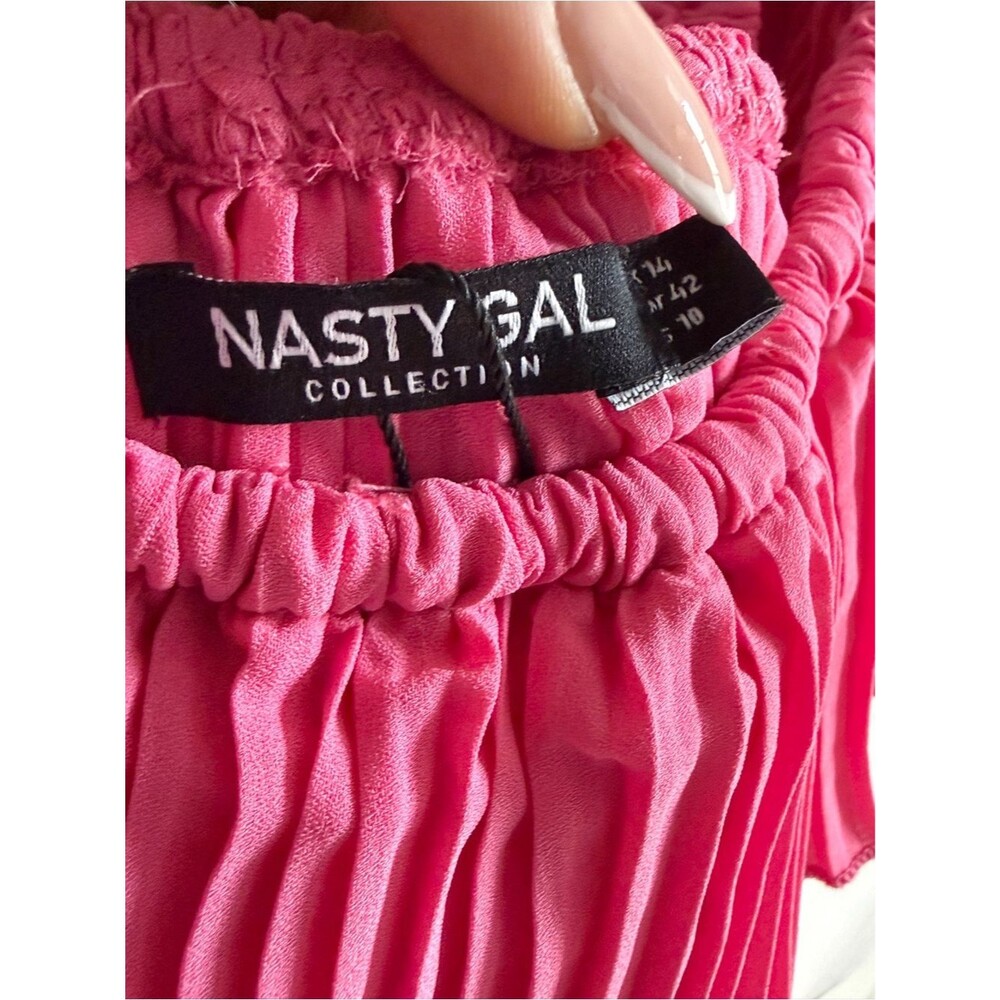 Nasty Gal Hot Pink Pleated Off The Shoulder Ruffle Wide Leg Jumpsuit Womens 10 - Picture 7 of 7